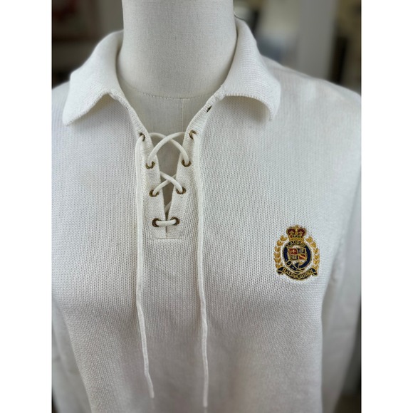 Lauren Ralph Lauren VTGE White Crest Logo Lace Up Collar Knit Sweater SZ Medium - Picture 5 of 11